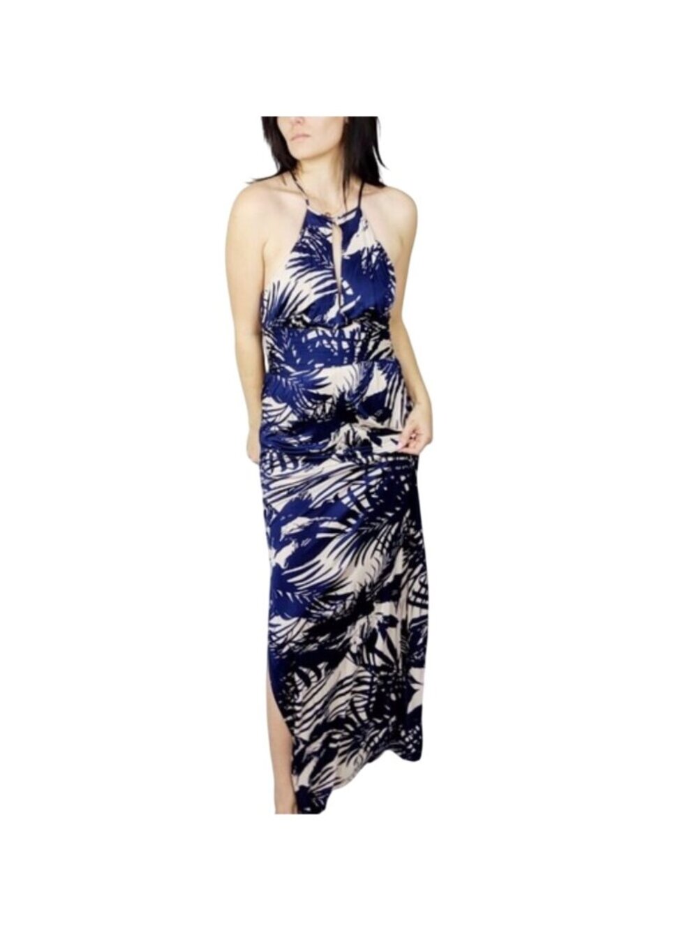 Parker Size S Tropical Print Halter Maxi Dress Side Slit Navy Summer Beachwear